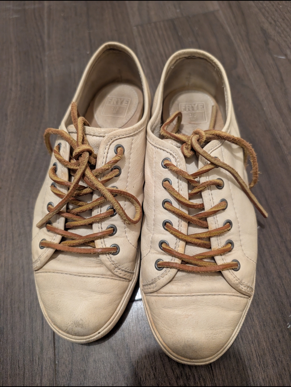 FRYE Cream Leather Women's Mindy Low-Top Sneakers with Tan Laces